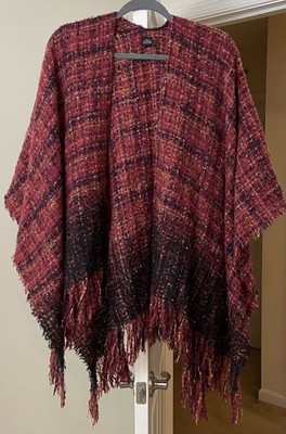 Artsy Poncho Wrap Cardigan Rust Boucle Fringe Gypsy Bohemian Women's One Size