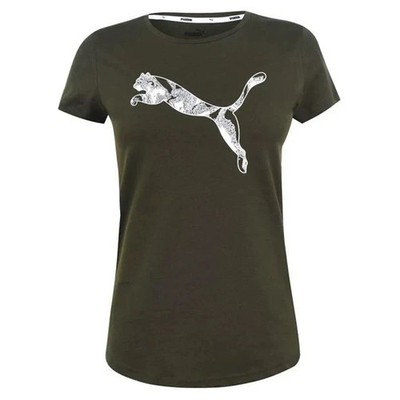 Damen T-Shirt PUMA Olivgrün Logo Print Baumwolle Sport Casual