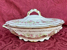 Antique Limoges Coronet MoeM France Gold Pink Flowers Serving Bowl With Lid Veg