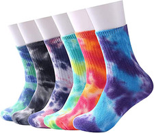 6 Pairs Casual Tie-dye Soft Cotton Crew Socks Cushion Novelty Funny 5-10 6 Pcs
