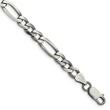 Mens 6.5mm Sterling Silver Solid Antiqued Figaro Chain Bracelet