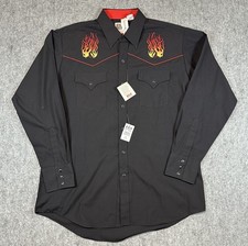NWT Ely Cattleman Shirt Mens Med Black Flame Fire Embroidery Pearl Snap Western