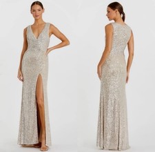 MAC DUGGAL 26598 SPARKLE SEQUIN V-NECK WRAP WAIST SHEATH NUDE GOWN sz 2 Silver