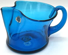Blenko Hand Crafted Blown Art Glass Blue Pinched Spout Applied Handle Handmade