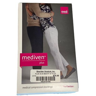 Pair Mediven Plus Thigh W/Topband Socks Open Toe Size VI Beige 30-40 mmHg 