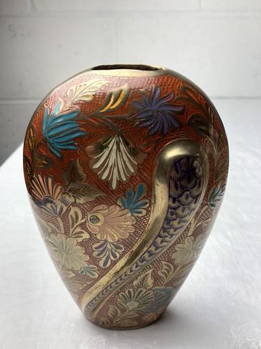Vintage Vase Brass Enamel Floral Etched Unusual Shape W Snake 80s 70s 7” - Picture 4 of 10