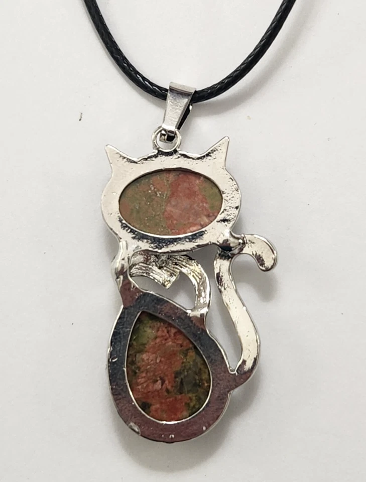 Silvertone Natural Unakite Cat Kitty Kitten Pendant Necklace Black Cord Fashion - Image 4 of 4