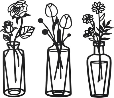 Pack of 3 Metal Flowers Wall Decoration, Minimalist Vase Wall Art Black Flower I