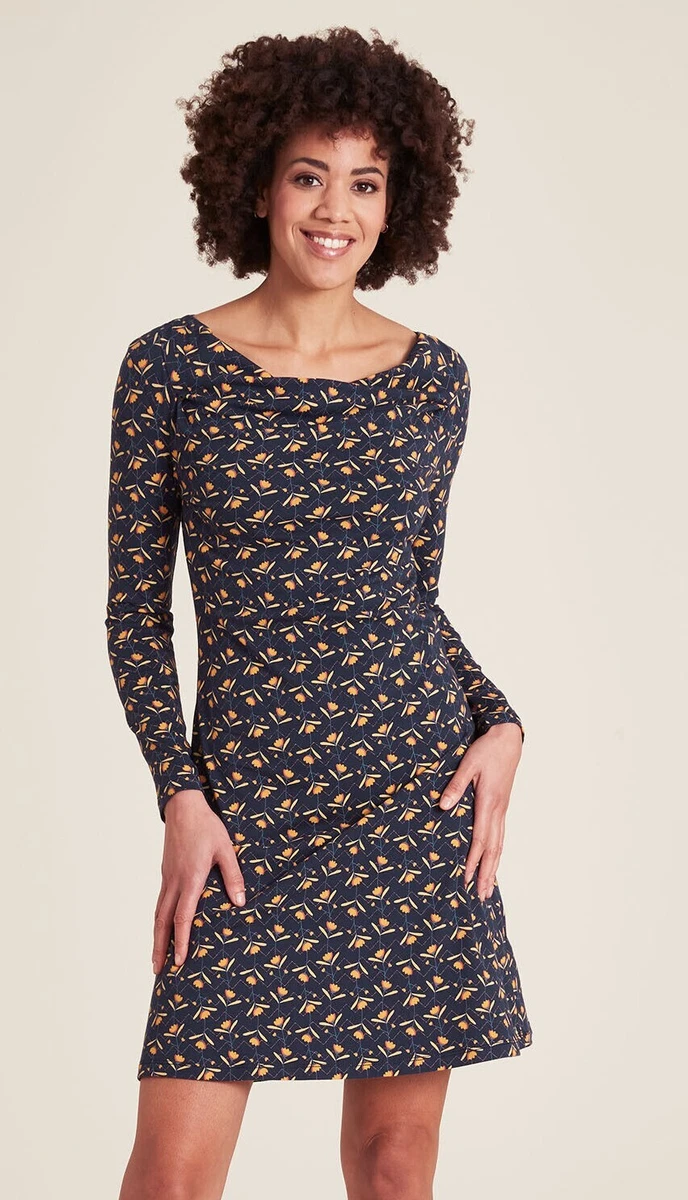 Robe Tranquillo Bleu Marine En Coton Biologique - Imprimé Rétro, Taille Normale, Neuve Avec étiquettes