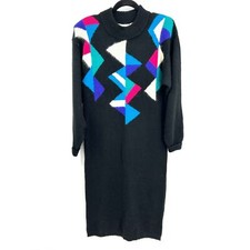 CHRISTINA GRANT Vintage 1980 Black Geometric Knit Angora Maxi Shift Dress Medium