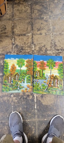 2 Nice decorative tropical old Vintage Haiti Haitian signed oil painting lot
