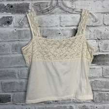 Vintage Y2K Camisole Crop Tank Top Ivory Cotton Sheer Lace Square Neck Sz L 90s