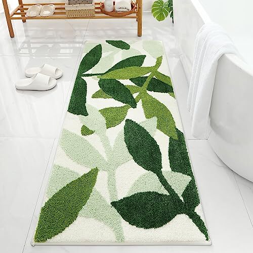 Extra Long Bathroom Runner Rug 24"x60", Green Leaves Extra Large 24" x