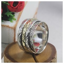Fidget Spinner Meditation Ring Floral Boho Wide Sterling Silver 925 Silver Gold