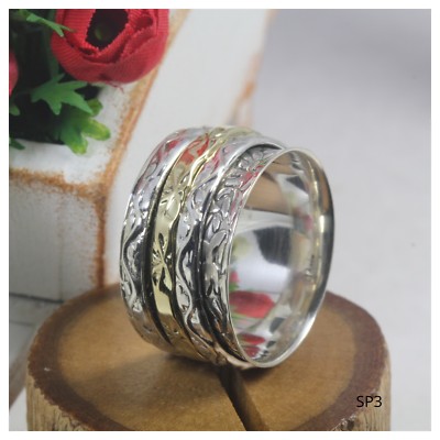 Fidget Spinner Meditation Ring Floral  Boho Wide Sterling Silver 925 Silver Gold