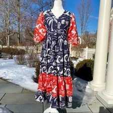 Anthropologie Place Nationale Puff Sleeve Printed Linen Midi Dress Size Small