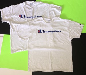 white and red champion shirt