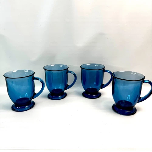 4 Vtg Anchor Hocking Pedestal Cobalt Blue Glass Mugs 16oz Coffee Tea Cup Classic