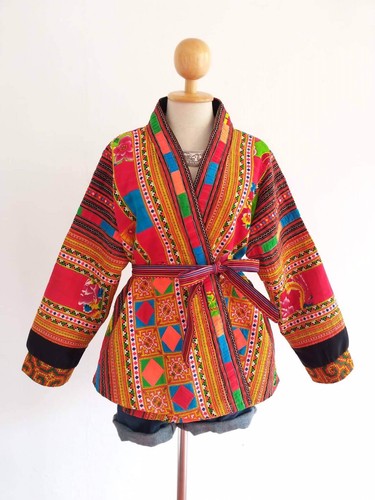 Women's Thai Hmong Hemp Antique Hand Embroid Kimono Wrapper Long Sleeve FreeSize - Picture 9 of 12