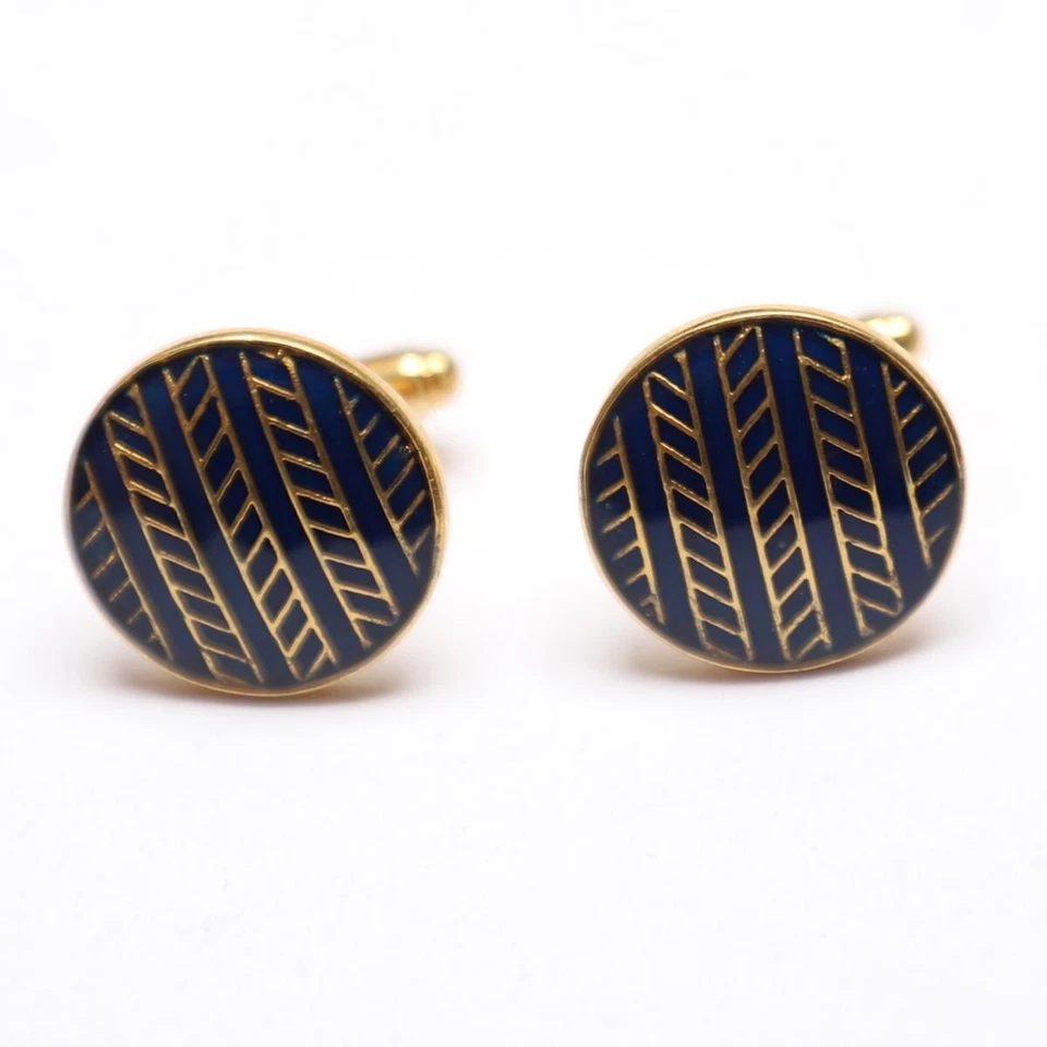 Gemelos de plata de ley 92,5 esmalte azul forma redonda chapados en oro regalo de boda Foto 2 de 4