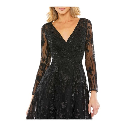 NWT $598 Mac Duggal Sz 16 - 204041 Embellished Floral Long Sleeve Dress Black - Picture 3 of 18