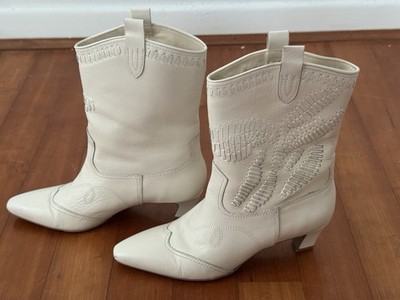 Dolce Vita Tavla Off White Western Embroidered Leather Boots Pointed Toe 8.5