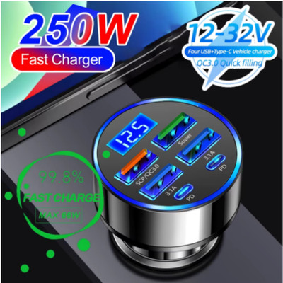250W Fast Car Charger PD QC3.0 4-Port USB C Adapter LED Display for iPhone