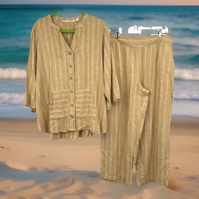 Wms Coastal Linen Blend Striped 2pc Set LP Yellow Bridgehampton Isaac Mizrahi