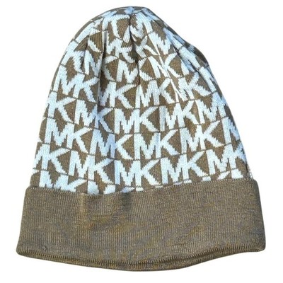 Michael Kors Womens MK Monogram Logo Winter Beanie Hat Gold White Knit