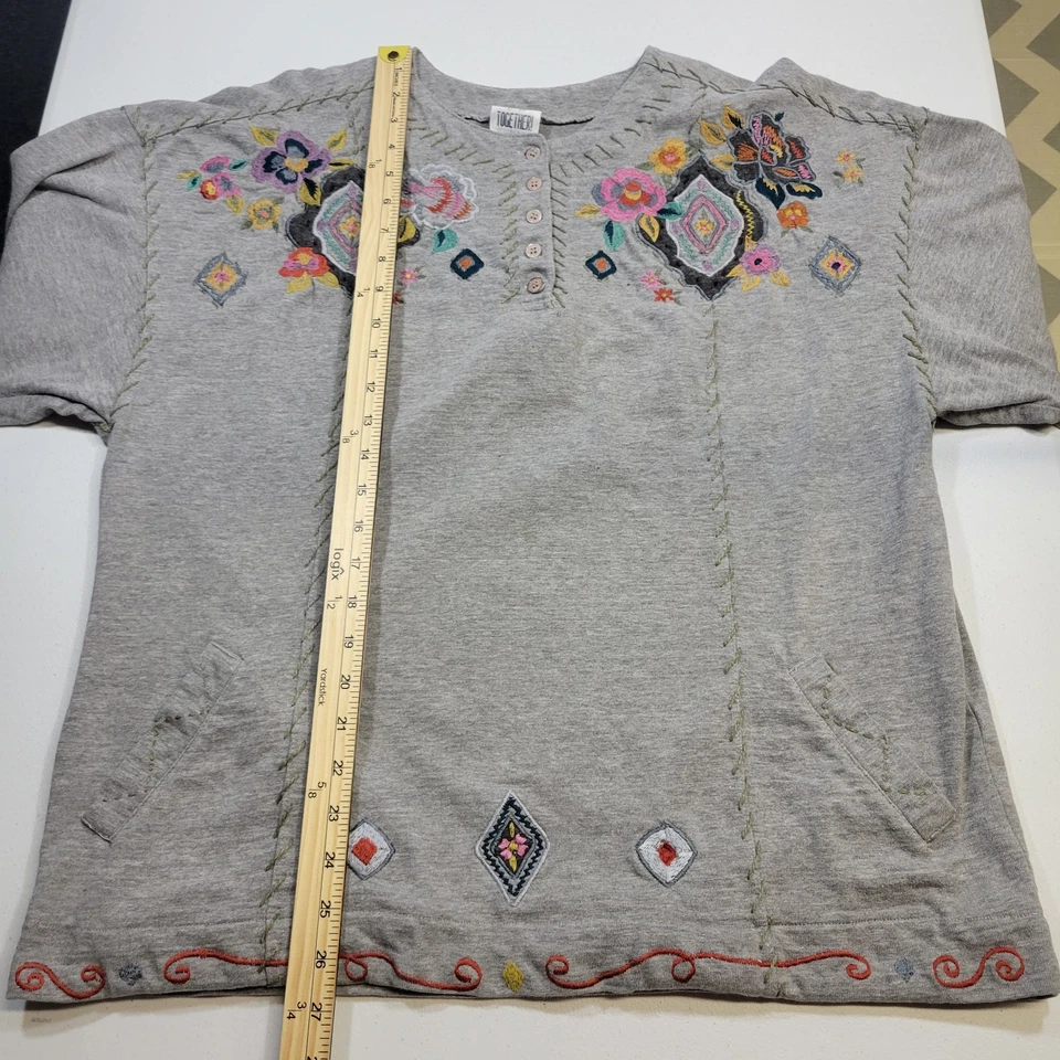 Together Henley Top Embroider Whipstitch Women L Pocket Cottagecore Crafting Art - Image 3 of 4