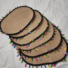 Natural Jute Placemats With Colorful Tassel Trim Set Of 6 Oval New