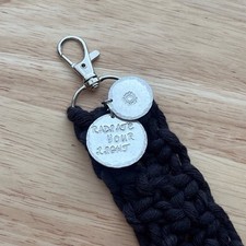 Handmade Boho Macrame Keychain, Black Macrame, Stamped Charm, Radiate Your Light