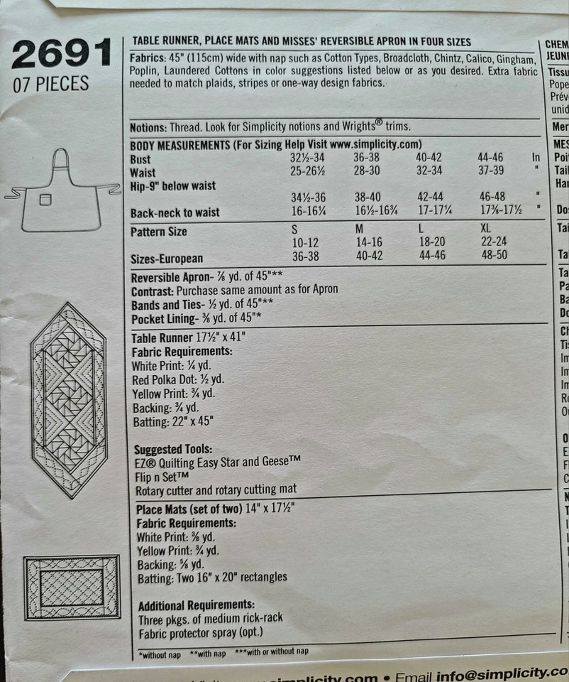 UNCUT Simplicity ADULT APRON TABLE RUNNER PLACEMATS Sewing PATTERN #2691 - 2009 - Image 2 of 2