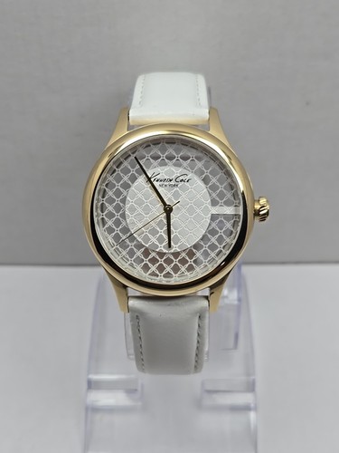 Kenneth Cole New York Lattice Dial Gold Womens Watches White Leather New Battery