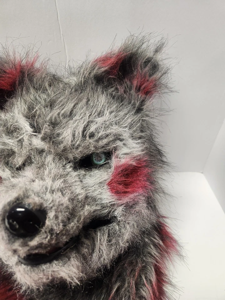 Máscara de lobisomem realista e conjunto de cauda com boca em movimento cinza vermelho pele sintética cosplay - Imagem 4 de 4