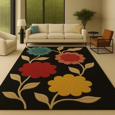 Handgetufteter Wollteppich: Bunter Blumen Handgetufteter Teppich Moderner Blu...