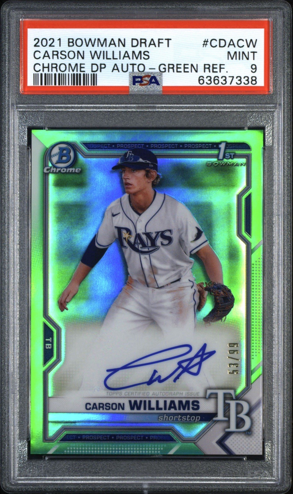 2021 Bowman Chrome 1st Carson Williams Auto /99 Tampa Bay Rays #CDACW Mint PSA 9