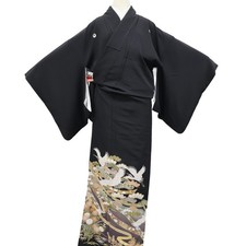 Japanese Vintage Kimono Tomesode Silk Gold Crane 5 Crests Made in Japan eb-1974