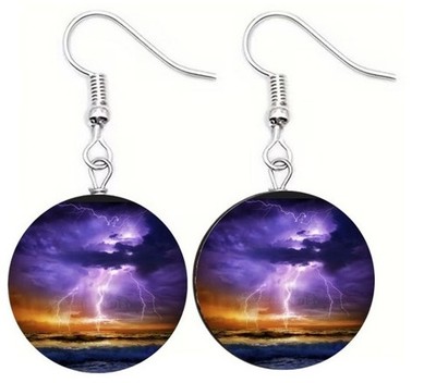 LIGHTENING STRIKE PURPLE SKY Dangle Glass Dome Earrings Handmade