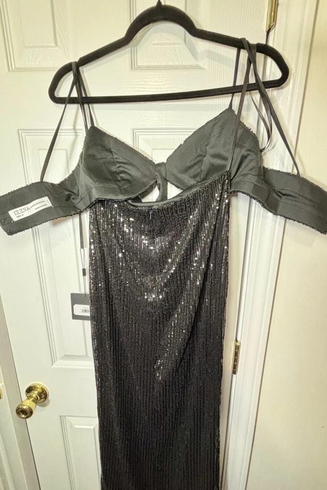 全新带标签 IEENA FOR MAC DUGGAL SZ 4 黑色合身亮片礼服,带侧边/中腰 #70130 — 第 4/4 张图片