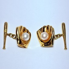 Rare 1960 Mikimoto 18K Yellow Gold Baseball Glove Bat Akoya Pearl Cufflinks 36g