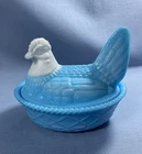 Vintage Blue & White Slag Glass Split Tail Hen on Nest Covered Candy Dish 5.5"