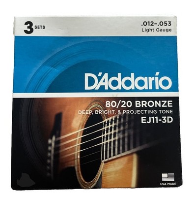 3 Sets EJ11 D'Addario 80/20 Bronze Acoustic Guitar Strings, Light 12-53 EJ11-3D