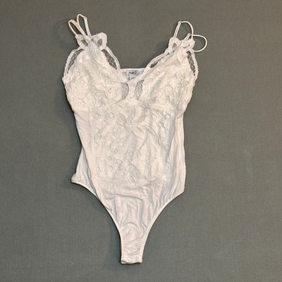 Rue21 Womens White Lace Bodysuit V-Neck Adjustable Straps Smocked Back Size M