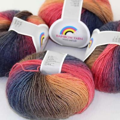 Sale DIY 4Ballsx50g Soft Cashmere Wool Colorful Rainbow Shawl Hand Knit Yarn 09