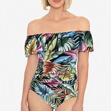Swim Solutions Swimsuit Womens 10 Leaf Print Off-The-Shoulder Tummy Control