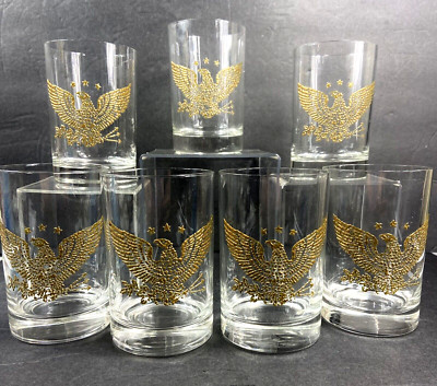 Vintage Glass Set 7 Embossed Gold American Eagle Glasses Presidential