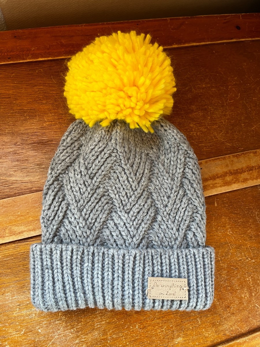 Gray Acrylic Knit w Bright Yellow Large Puff Ball Pom Pom Winter Cap Hat  Beanie