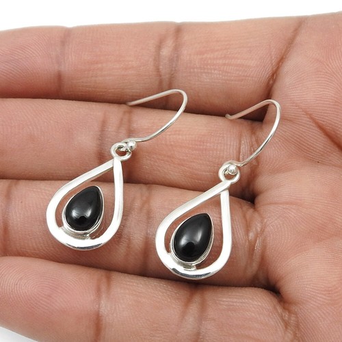 Pendientes hija bisel colgante artesanal de plata maciza 925 de ónix negro natural - Imagen 4 de 6