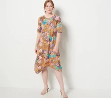 LOGO by Lori Goldstein Printed Overlapped Hem Dress Salted Caramel XS New